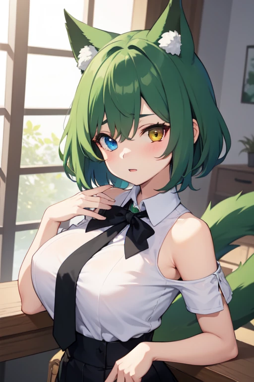 a beauty girl,Yellow-green hair,bobhair、short-hair、Gentle drooping eyes,large full breasts、校服,Manga style,fulcolor,hi-school girl,Calm and gentle face,Big smile、innocent smiles, The bikini、swim wears
