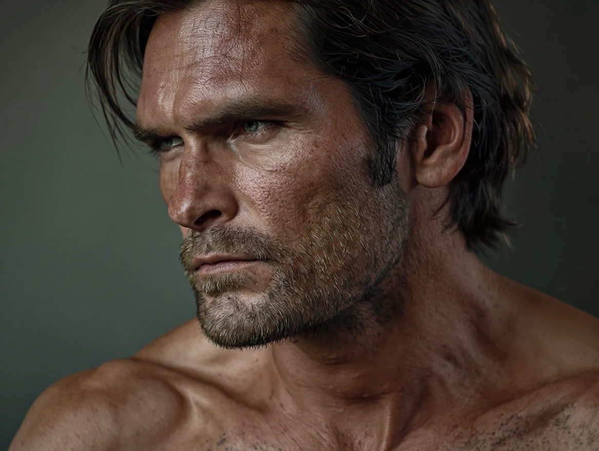 hair, nude, portrait of a ruggedly handsome paladin, muscular, half body, masculine, mature, Retrato de un joven, Muscular very handsome and attractive italian men, A 40 years old male, Retrato de un joven, Muscular, real, no shirt, night, rock city