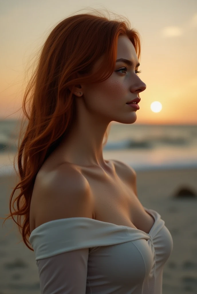 Portrait of the navel at the head of a red-haired French woman of 20 years, small build, dressed in an antique Roman dress drapped in ecru linen, on a beach, dynamic position, a hand in the hair, head tilted, seduction, charm, slight charming smile, sunset, cinematographic rendering, 32K, RAW