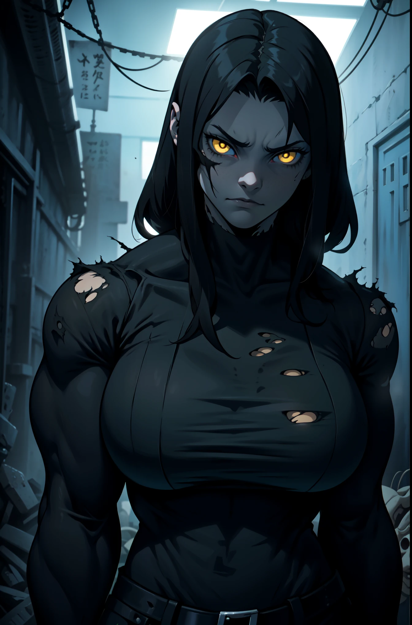 (1 girl muscular) yellow eyes large breasts pale skin skintight black hair sad dark atmosphere backlighting horror somber gloomy creepy creepy creepy creepy creepy creepy
