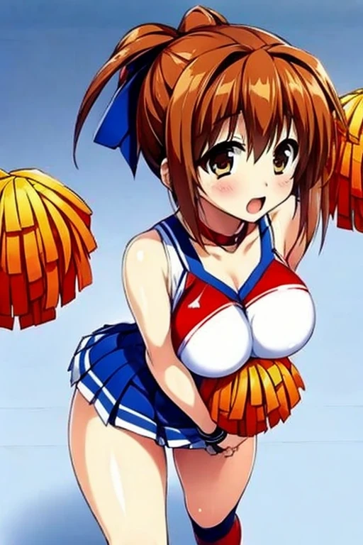 (( highest quality, High resolution, nffsw, perfect pixel, Depth of written boundary, 4K, )), 1 girl, alone, In addition, beautiful anime girl, beautiful art style,
close, looking at the viewer,
perfect body, Haruno Yukinoshita,short hair, big breasts,
blush all over the face, smile,open your mouth,
self snap,
throw,spread your legs,cleavage,Standing position,cheerleader,underboob,from below,sweat all over,