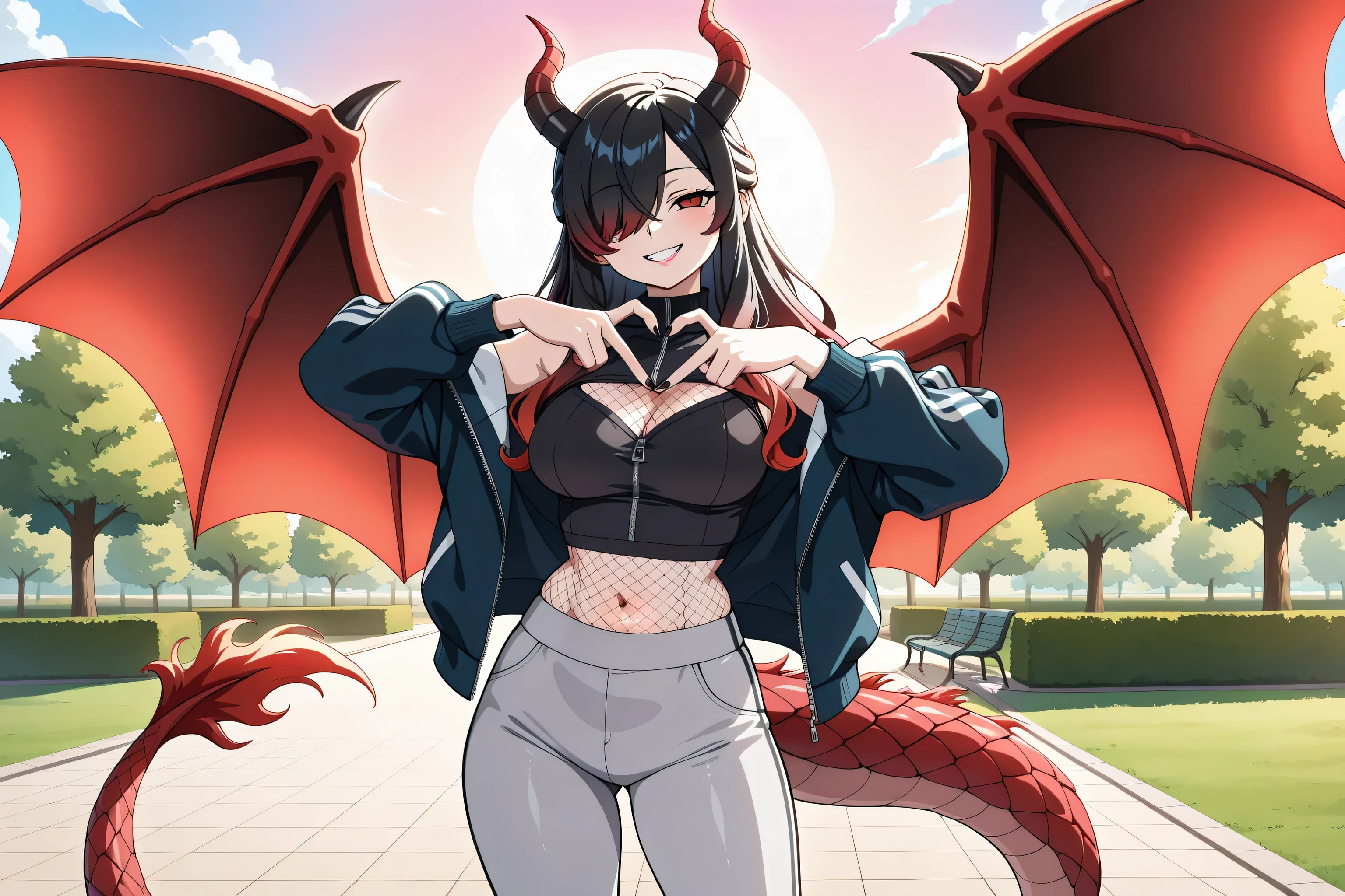 masterpiece, best quality, amazing quality, very aesthetic, absurdres, 1girl, Kuroki Monika, red eyes, gradient hair, black hair, red hair, long hair, asymmetrical hairline, hair over right eye, medium breasts, dragon girl, gal, half updo, black dragon horns, pink sun visor, slanted eyes, eyelashes, pink lips, cool smile, teeth, red dragon wings, black sweater, sleeveless sweater, crop top sweater, high neck, zipper, (fishnet body stocking), navel, tight belly, black track jacket, open jacket, black nails, heart fingers, red dragon tail, tight thighs, gray sports pants, long pants, standing, park, JK,