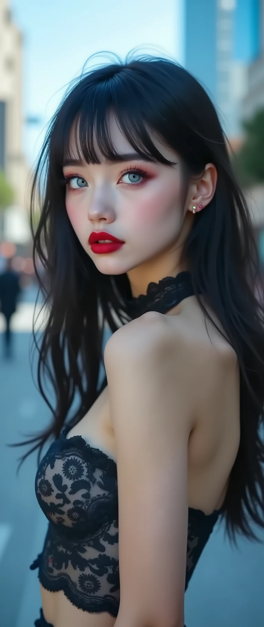 ((RAW Photo), Absurds, (Absurd Resolution)), (Masterpiece, Best Quality), ((Hyperrealism, Photorealistic)), (AI Fantasy), (masterpiece, highest quality, amazing quality), (realistic pupil, luminous light gray eyes), (beautiful girl, 18 years old, haiz_ai, cknc style, full body), (((young woman, asian))), (black straight hair, with pink | rays), makeup, red lips, (dresses super sexy, visual sigh, perfect legs, heels), (beautiful body, posing for a sensational photo), vivid and intense colors, (background: clear street, skyscrapers in the background with a clear blue sky), perfect lighting, (Photographic Perspective) «SunPuma S»