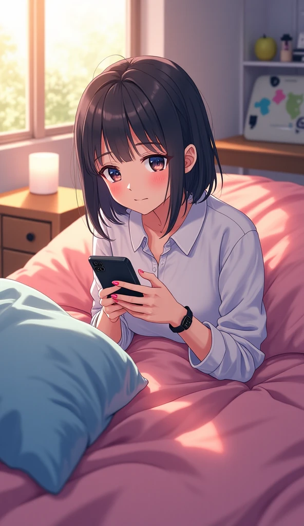 (high quality, 8k, 4K, High Contrast, masterpiece:1.2, 最high quality, Best aesthetics), ((1 female)), Black Hair, ponytail, Long sleeve T-shirt, T-shirt with illustrations printed on it, hot pants, Beautiful thighs, Sitting on the bed, Addicted to smartphone screens, Eyes on the smartphone, Soft Light, Luminous pupils, A kind smile, smile, In the bedroom, Pillows and sheets, Best night, Hand holding a smartphone, Perfect hands, Fine image,