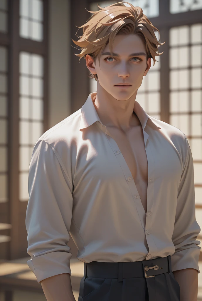 Tall and slim man wearing casual attire and a laurel wreath crown.