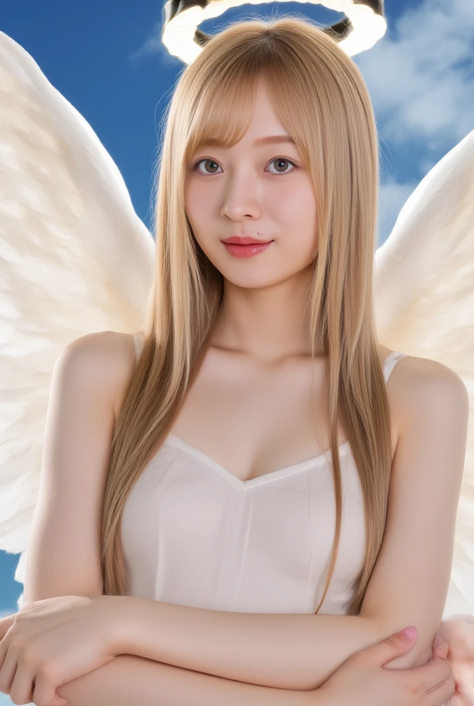 ((masterpiece, top quality, high res, perfect pixels, 8k)), western temple background, one girl, Japanese, idol, cowboy shot, ((spread arms)), ((very long hair, blond hair)), angel wings, angel ring, pure white Greek mythology clothes, singing singing, ((brown eyes, beautiful eyelashes, realistic eyes)), ((detailed face, blush: 1.2)), ((smooth texture: 0.75, realistic texture: 0.65, dynamic angles, perfect body, shot from above