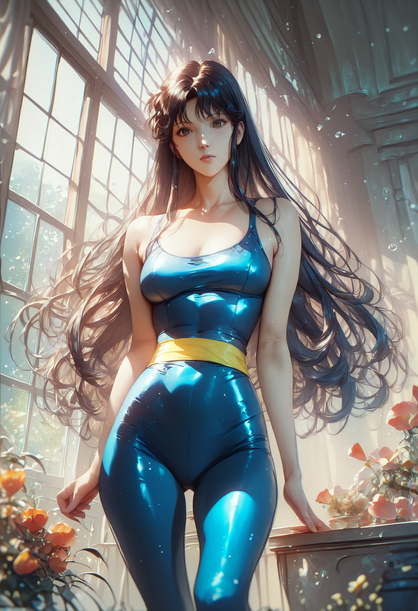 Hitomi Kisugi hair, black long hair, bangs, small bangs turned to the side, brown eyes, tight clothes, blue tights, long yellow belt, detailed image, detailed face, detailed body, looks at the viewer, Darling.