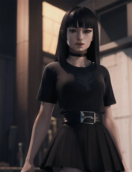 <lora:VRAMsCharlotte640:0.5>, xyzcharlotte, 1girl, black shirt, long hair, looking at viewer, portrait, masterpiece, best quality, blunt bangs, closeup, makeup, choker, skirt, belt, 3d model, octane render