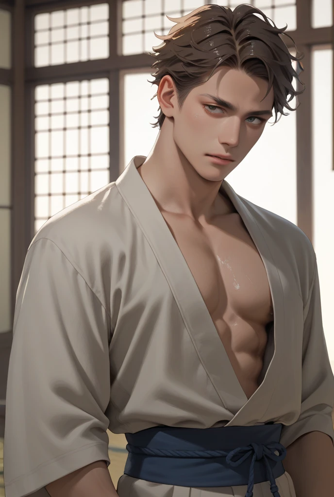 1boy,ikemen,handsome,blush,sweat,male focus,realistic,(male_focus:1.3),nsfw,masterpiece,short hair,black hair,blush,sneering expression,(oragsm:1.2),<lora:hanfu_nan:0.6>,long skirt,nature,robe,large pectorals,nipples,bulge,