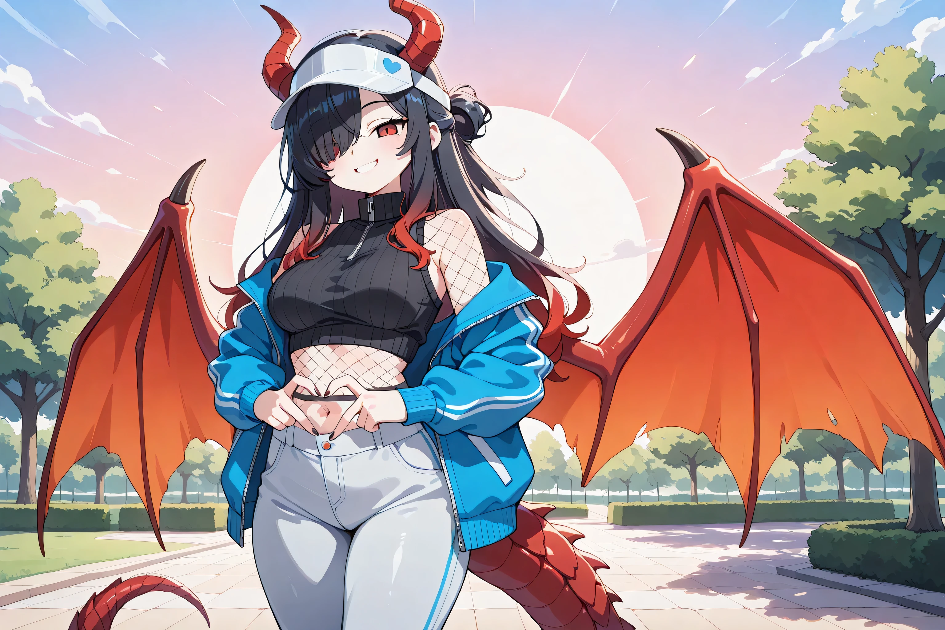 masterpiece, best quality, amazing quality, very aesthetic, absurdres, 1girl, Kuroki Monika, red eyes, gradient hair, black hair, red hair, long hair, asymmetrical hairline, hair over right eye, medium breasts, dragon girl, gal, half updo, black dragon horns, pink sun visor, slanted eyes, eyelashes, pink lips, cool smile, teeth, red dragon wings, black sweater, sleeveless sweater, crop top sweater, high neck, zipper, (fishnet body stocking), navel, tight belly, black track jacket, open jacket, black nails, heart fingers, red dragon tail, tight thighs, gray sports pants, long pants, standing, park, JK,