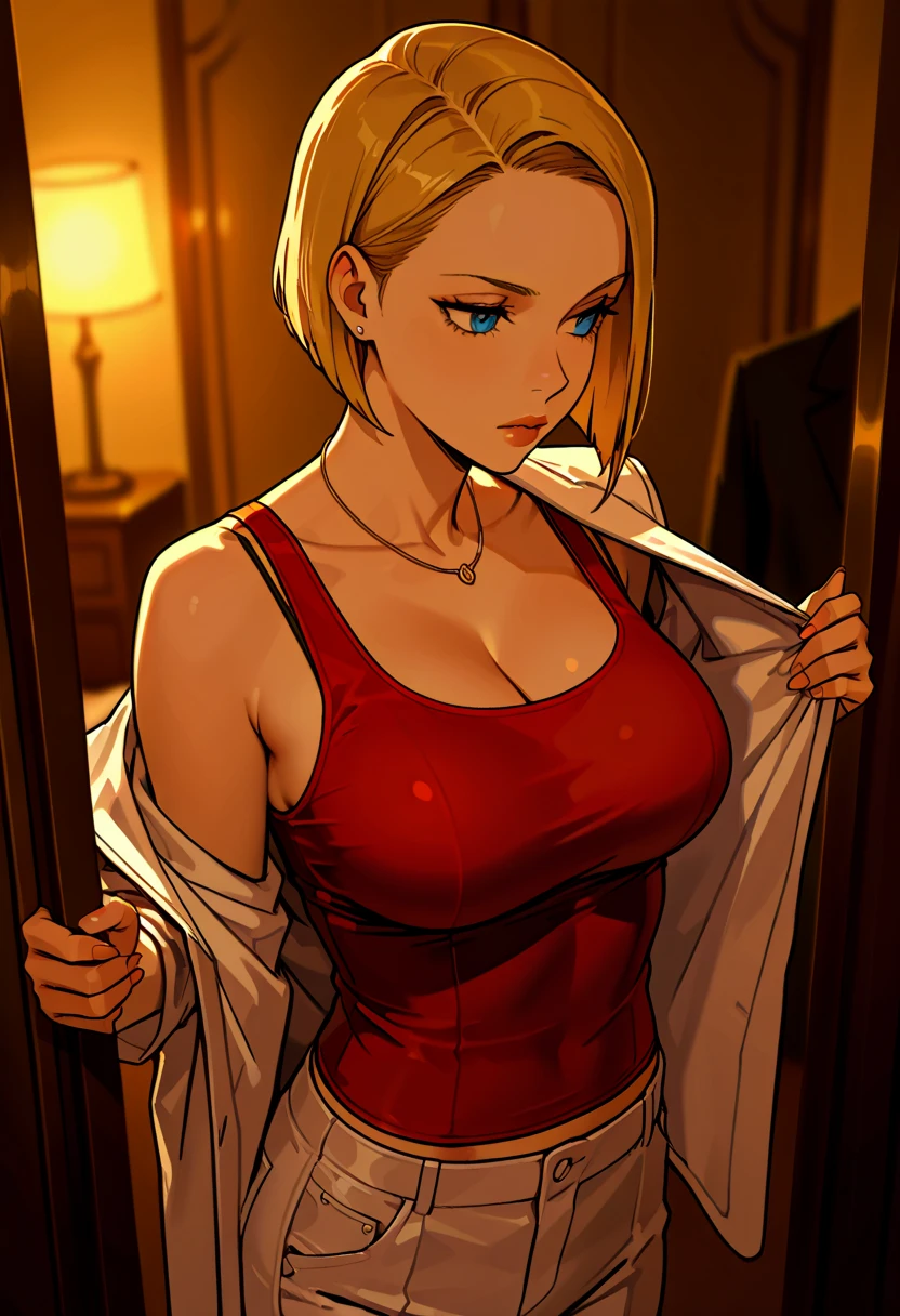 An image of a busty prisoner, blonde bob hair, gorgeous, wears orange prisoner outfit, in a penitentiary, walking ahead, cleavage:1.2, unbuttoned shirt, (detailed skin complexion:1.2), best quality, deep color, complex shading effect, ambient occlusion, highly detailed textures