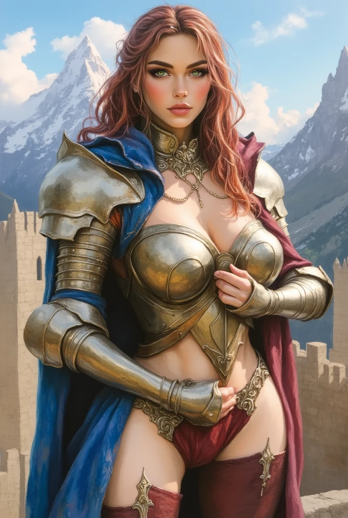 sexy female gladiator, wearing armour, heavy armour, cowboy shot, red hair, toned body, nipples