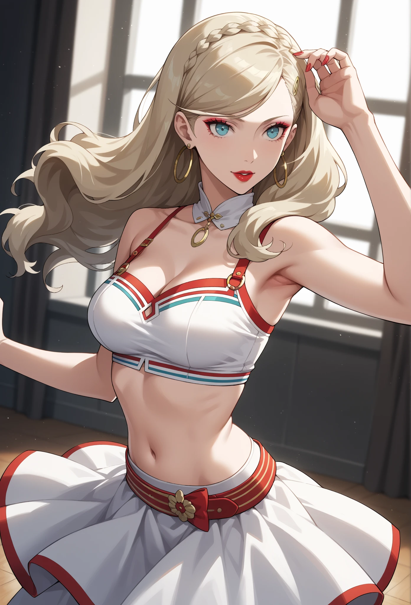 1girl,a beautiful fashion model ,(masterpiece, official art, best quality) (perfect eyes) ,long and shiny brown hair, highlights in hair, hair strand between eyes, full lips, upturned nose medium , , elegant makeup, exhibitionism, naked in public, , slim thighs, toned body, shiny skin, sexy pose,,(( (slender, skinny, slim))), gold hoop earrings, pink eyeshadow, cute face, (((girl with man))) embarrassed, coy, surprised, blush, glittery skin, girl dancing on stage, skinny thighs, narrow hips, skirt lift, GOLD OUTFIT, slutty