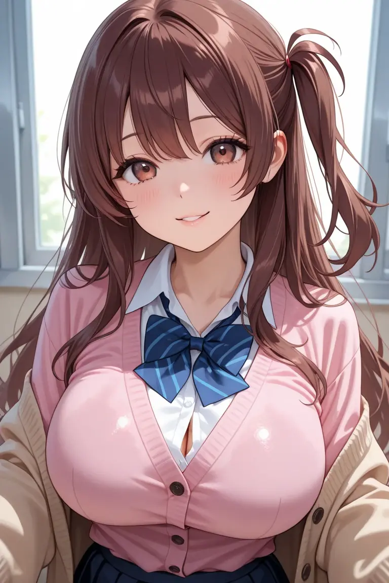 (Best quality:1.3), brown ponytail, large breasts, cleavage, nurse outfit, smiling, (pov, close shot),show NSFW,pink bra