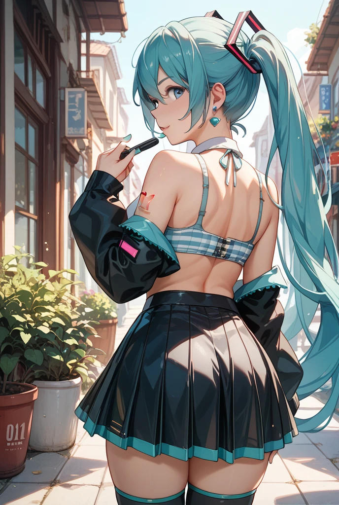 Chica anime, anime style, cute hatsune miku, Shy girl art by dark natasha, garden landscape, arte de vixen aztra, cuerpo completo, platas hermosas, cintura delgado, caderas amplias, piernas torneadas, hermosa, foto de cuerpo completo, navel blouse, black skirt, navel piercing, ear piercing, navel tattoo, timid pose, back pose, hands in the wall