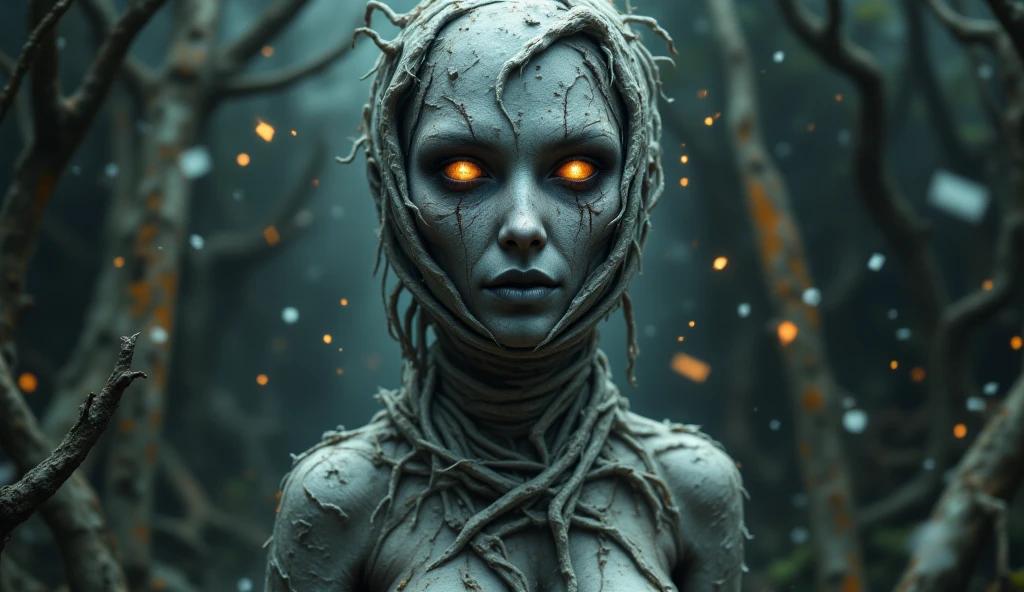 Create a surreal 3D rendering, a chilling tableau of a woman with charcoal-stained skin and ancient writings inscribed upon her visage and body. Her root fiber tresses cascade down her shoulders in wild disarray. Kneeling before her is a spectacle that defies the laws of scale − giant eyes, irises of darkest blue, and sharp, black, serpentine pupils that utterly dominate the image. The eyes are a labyrinth of intricate detail and texture, with splashes of deep red, black, and blue hues that add to their unsettling allure. Big, deep, and glistening, the woman's tears