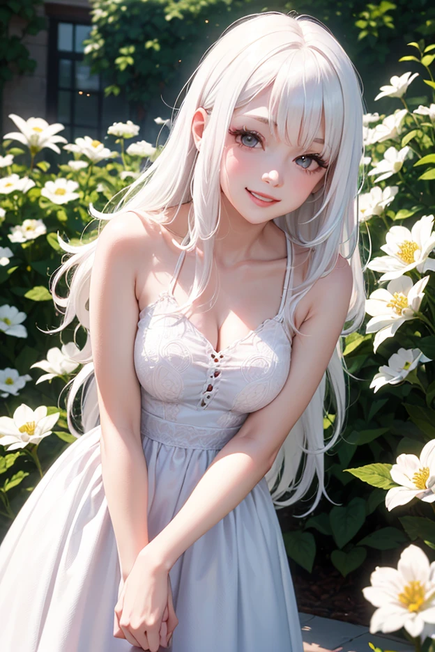 Highest quality, Very detailed, High resolution, expensive resolution, High resolution, 4K,wallpaper, Detailed CG, masterpiece, 2D, 3d, Beautiful details, depth, Fine texture, Highest quality: 1.3, Perfectly focused,skin,Very cute anime girl,White dress,long hair,Silver Color,expensive,Mole,Blue Eye, smile,The background is a sandy beach with blue sea、Summer sunshine