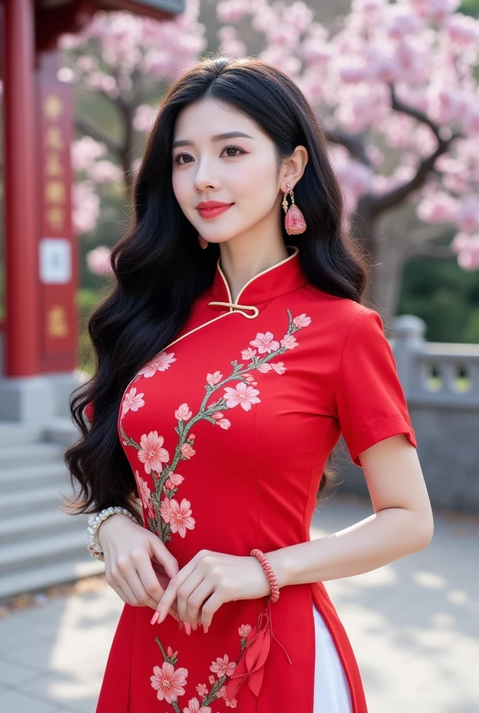 masterpiece, best quality:1.1), (8k, raw photo, photo realistic:1.2, f22), (shiny skin), detailed skin,long hair,detailed face, detailed eyes,smile,BREAK, real world, intricate details, smil, BREAK, 1girl, full body,(red,short sleeves,dress)BREAK, (carnation:1.4)