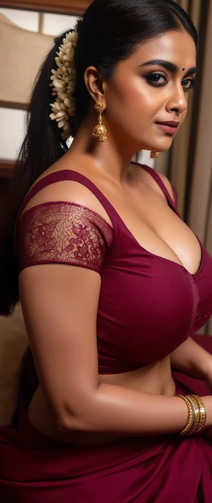 full body nude: Oh, can’t find your clothes? Wear mine, they look better on you anyway. extreme close up photo of latina, curvy, hourglass figure, swooping breasts, showing deep cleavage, kneeling in party celebrations, french braid hair, necklace, sexy maroon bra, sultry, seductive eyes, look at viewer and smile, (cinematic:1.3), intricate details, (ArtStation:1.2)