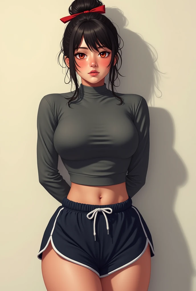 crop top hoodie, short skirt, black panties, bending over, smiling,sofa,shy