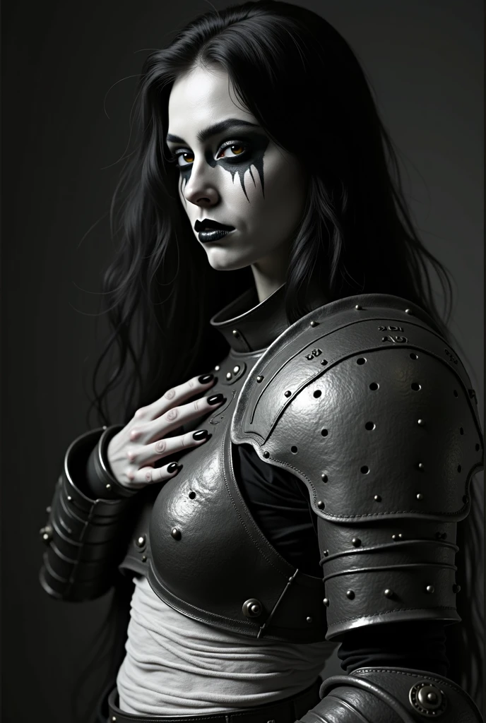 photo of an inuit warrior in steel medieval fantasy armor, (sexy goth:1.2), shoulder armor, heavy makeup, braided hair, in a dark tavern, messy hair, photorealistic, Defined jawline, skin pores, shiny skin, grainy, <lora:more_details:1> <lora:DetailedEyes_V3:0.8> dslr, wide angle, shown from waist up <lora:BlackConqueringSuit:0.1> blackconqueringsuit <lora:microbangs_70sd:0.8> (microbangs:1.3)