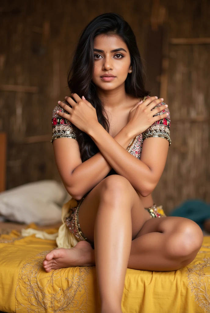 Aishwarya Rai in skimpy off shoulder salwar kamiz showing off long beautiful legs in high heels in stone cellar, dramatic lighting, serious expression, lips parted, on the floor, full shot