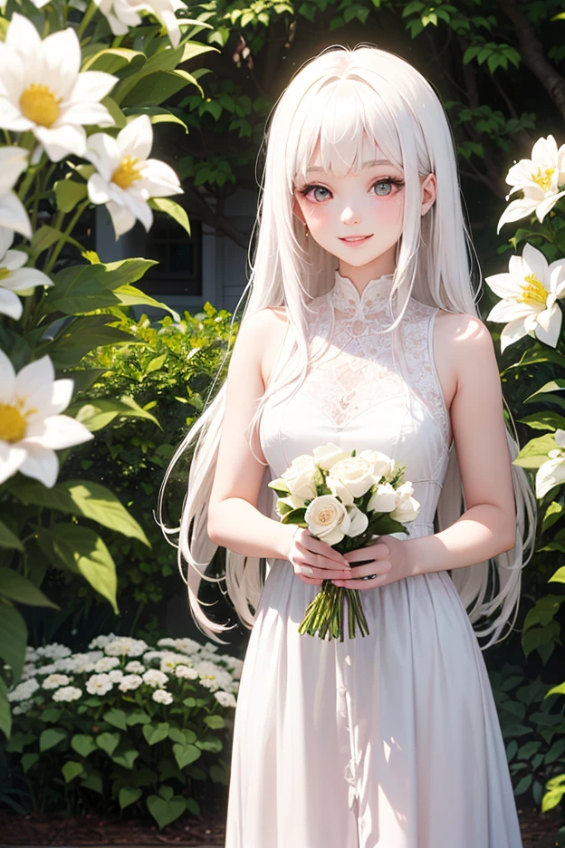 (masterpiece、highest quality、highest quality、Beautiful and beautiful:1.2)、(Excellent anatomy:1.5)、Focus on the eyes、Cute eyes、Soft Light、Milky-haired girl、Silver feather dress,Silver bow hair accessory、Adorable smile、thank you、Eyes on You、Diffuse reflection of light、light of the earth,Flowers of the Earth,Pearlライト,Pearl、Beautiful graphics,Super detailed