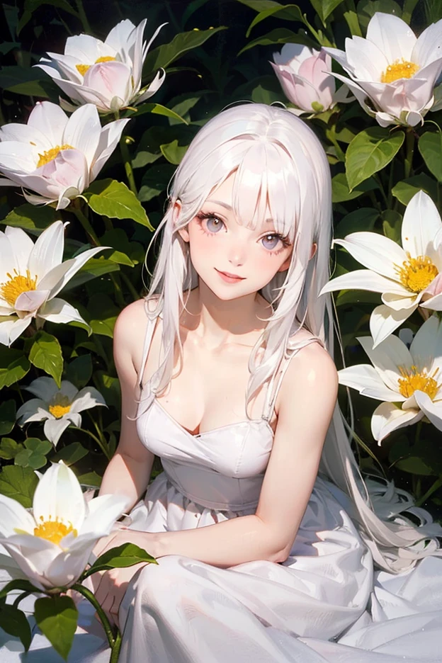 (masterpiece, best quality),1girl with long white hair sitting in a field of green plants and yellow flowers, her hand under her chin, warm lighting, white dress, blurry foreground、Large Breasts