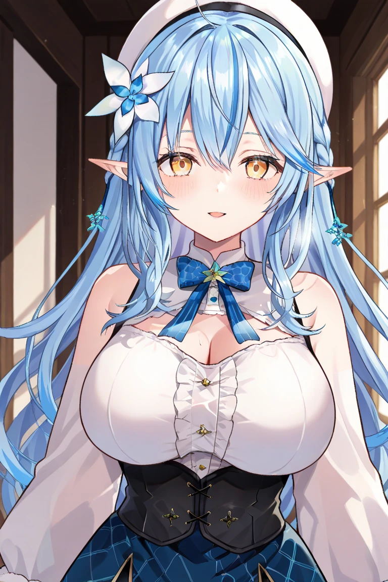 anime girl in white dress with blue hair and big breast, looking surprised, no watermark, underrated, wearing a toga, aqua, elf queen, royal wedding, beatiful, blue eye, ultra detailed, best quality, expressive eyes, perfect face