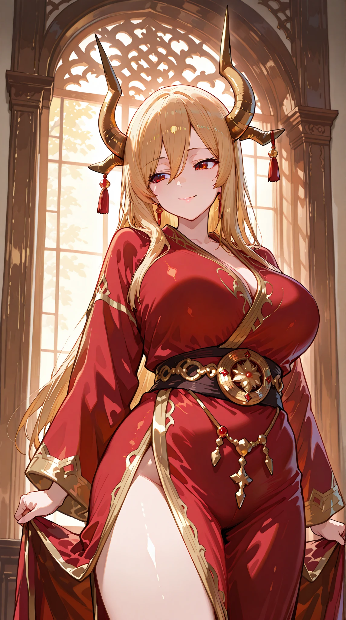 ((Highest quality)), ((masterpiece)), (detailed), (Perfect Face)、The woman is a Tieryu with green eyes, medium-long blonde hair, and is wearing a gorgeous ancient Chinese court costume embroidered with gold and red, with a gorgeous hair ornament.、The woman is an ancient Chinese empress, sitting on a gorgeous throne and smiling gently.