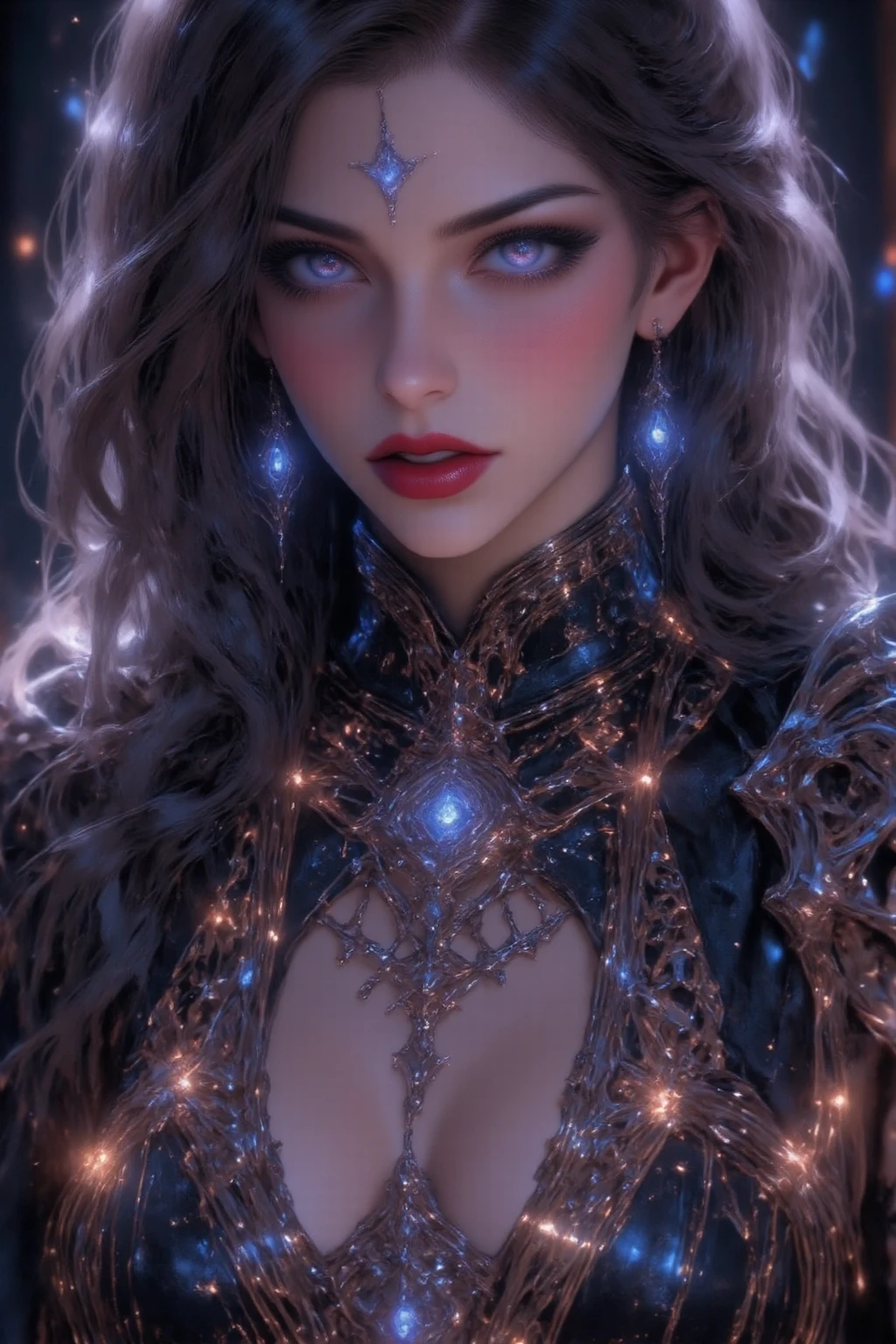 photo of a 35 year old girl, European woman, Height 175 cm, black and long hair, The eyes are gray-blue.