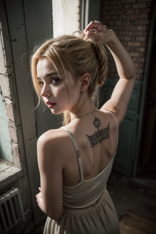 physically-based rendering photo of (pixel-Riza:1.2), pretty face, ( looking over her shoulder,:1.6) blonde hair (pixel-Riza-Back:1.1), looking at the camera, red tattoo, sad face, japanese, award-winning photography, detailed face, backlight, ultrarealistic, cinematic lighting, RAW photo, 8k uhd, film grain, cosplay, dslr, (8k, RAW photo, best quality, masterpiece:1.2), (realistic, photo-realistic:1.37), ultra-detailed, (high detailed skin:1.2), 8k uhd, dslr, soft lighting, high quality, film grain, Fujifilm XT3, professional lighting, photon mapping, radiosity,