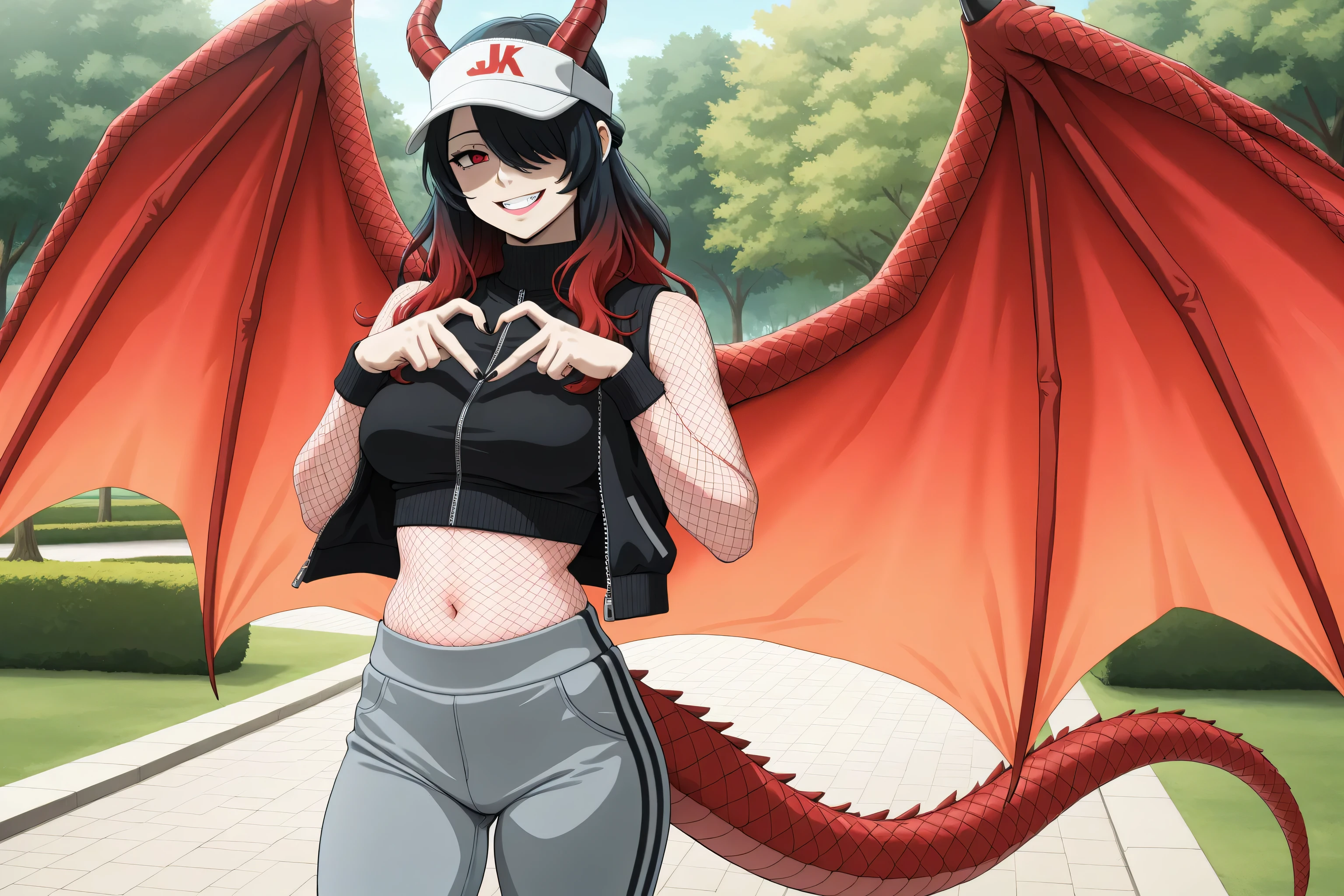 masterpiece, best quality, amazing quality, very aesthetic, absurdres, 1girl, Kuroki Monika, red eyes, gradient hair, black hair, red hair, long hair, asymmetrical hairline, hair over right eye, medium breasts, dragon girl, gal, half updo, black dragon horns, pink sun visor, slanted eyes, eyelashes, pink lips, cool smile, teeth, red dragon wings, black sweater, sleeveless sweater, crop top sweater, high neck, zipper, (fishnet body stocking), navel, tight belly, black track jacket, open jacket, black nails, heart fingers, red dragon tail, tight thighs, gray sports pants, long pants, standing, park, JK,