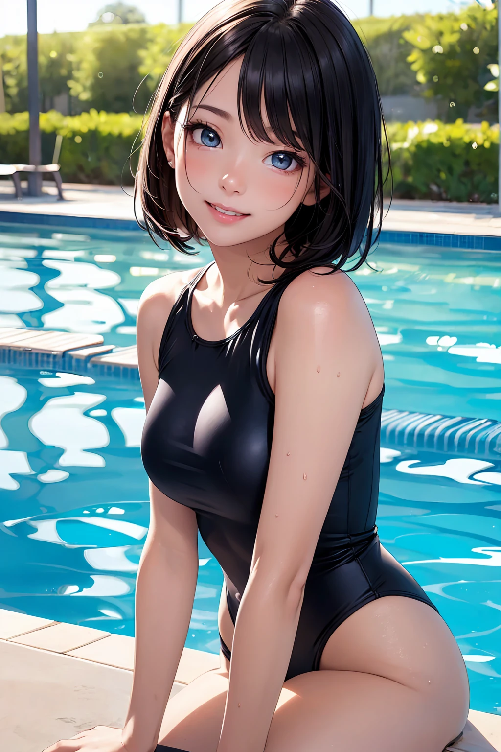 absurderes、detailed hair、Flat Lighting、sexy pose、best quality、intricate detailed、Hyperrealistic、perspective, highly detailed, detailed background, illustration、1 girl、((old school swimsuit)), body shape、small breasts、short stature、bob cut、sunday beach、sitting、black hair
