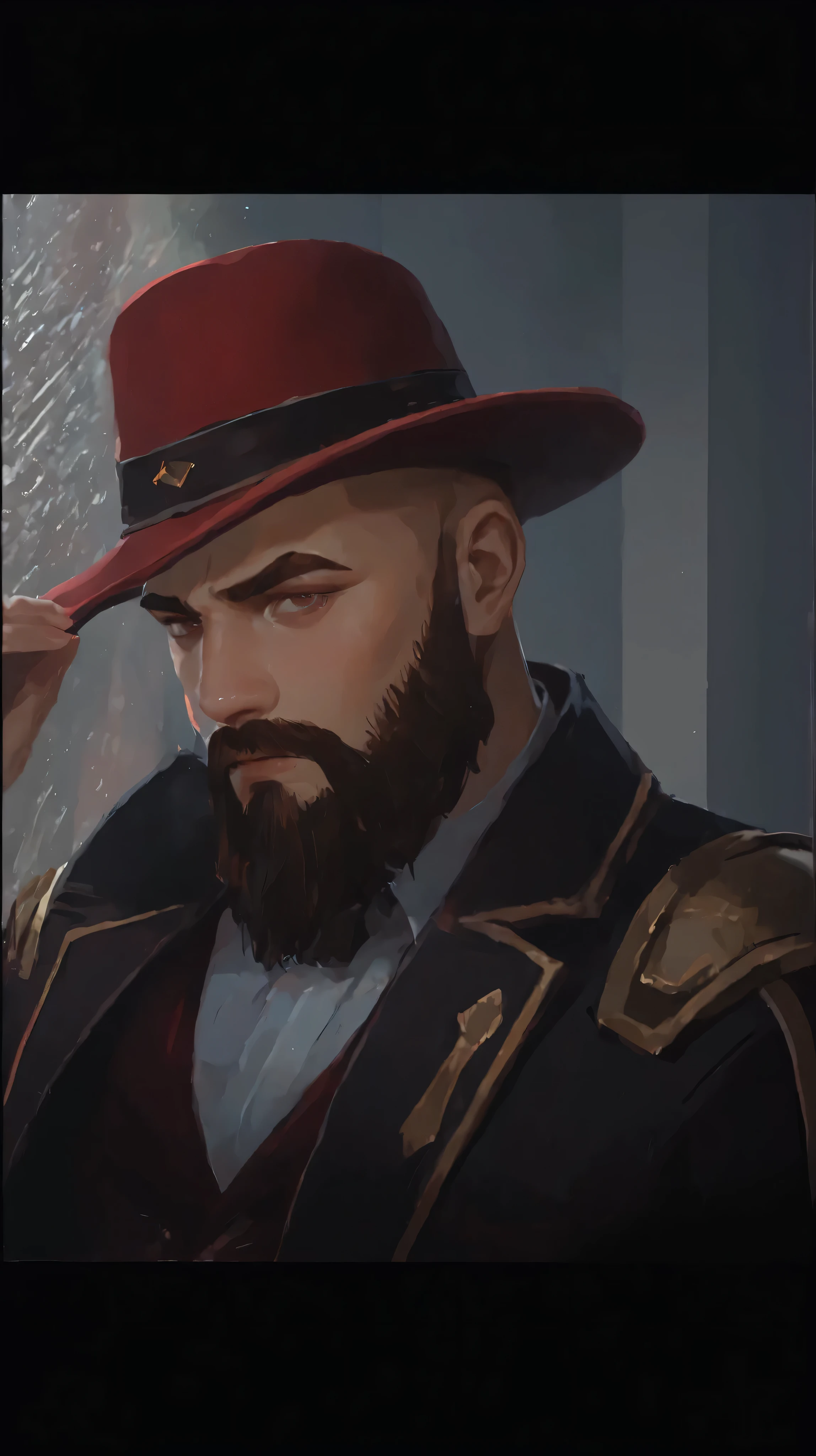 man with a beard, red hat and red suit