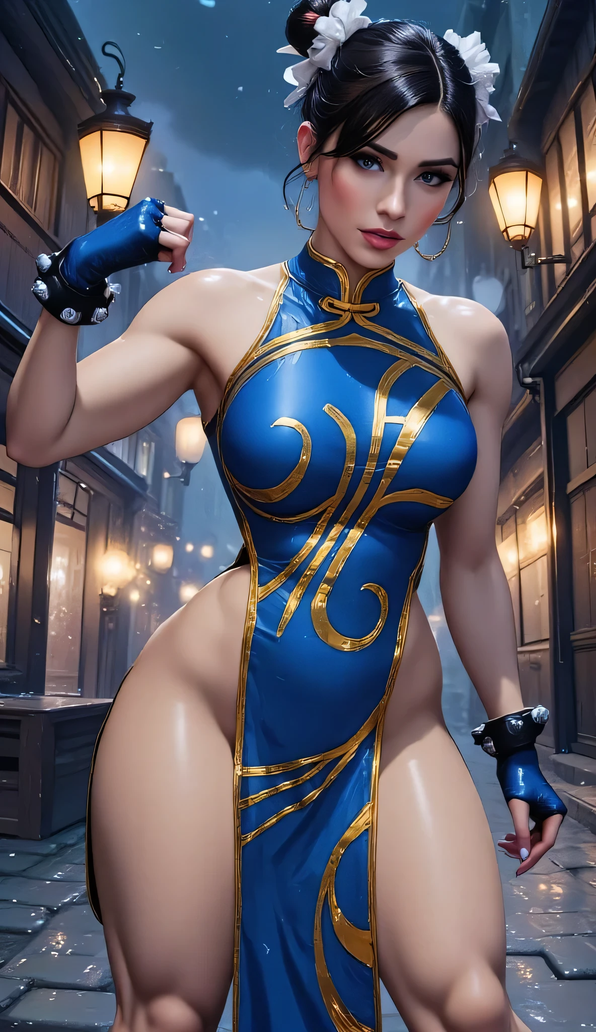 A realistic portrait of Chun-Li from Street Fighter, wearing her classic blue qipao with gold accents, her hair styled in twin buns with white ribbons, muscular legs, powerful stance, detailed facial features with a determined expression, in a dynamic urban background inspired by Hong Kong streets at night, cinematic lighting, ultra-realistic style, high detail, 4K resolution