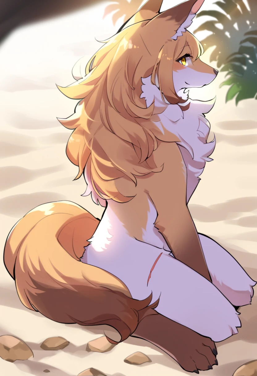 Solo, Score_9, score_8_up, score_7_up, source_cartoon, kemono style, An Anthro furry fox girl, tall slender body, yellow furry body, yellow fox tail , black nose, blonde hair, braided hair, naked, yellow eyes, mouth open, smirking, outdoors, sunny day, at the beach, she is on all fours, on the sandy floor, sex, doggystyle sex, she is getting fucked by faceless human male, Male is fucking bet from behind, she is gripping the sand on the floor, front view