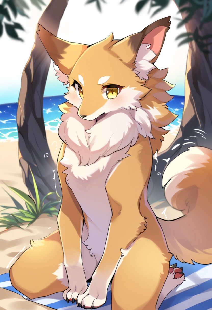 By zinfyuu on pixiv,by twistedscarlet60, uploaded on pixiv, by fluff-kevlar, (masterpiece), (best quality), (anthro furry:1.3, snout:1.2, anthro:1.3, furry:1.2, solo female:1.2),BREAK,pokemon, lycanroc, lycanroc dusk,nude, sfw, kiss me, close up selfie of lycanroc dusk,green eyes, view on viewer, white hair, flat chested, at beach, face photo
