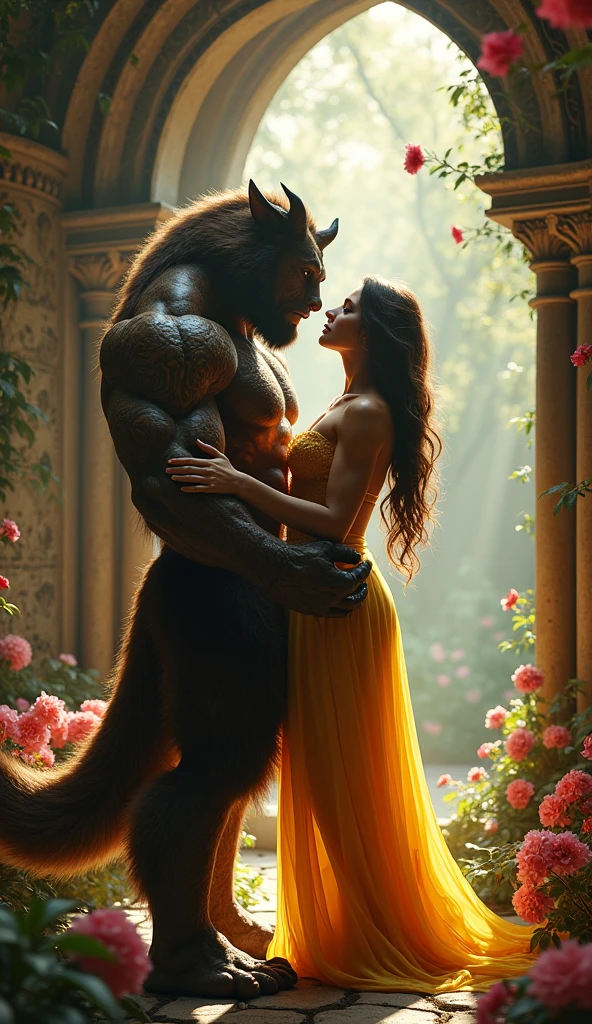 (generate princess belle kissing with a huge werewolf muscular beast from disney beauty and the beast, golden gown, teapot, cup, table clock, candle stick, show cleaveage, beautifull face, pretty face, beautifull eyes, beautifull nose, raytracing, beautifull fingers, beautifull hands, (4 fingers in 1 hand), full body photoshoot, pretty makeup, perfect anatomy, good lighting, professional photoshoot, sharp eye, fresh lips