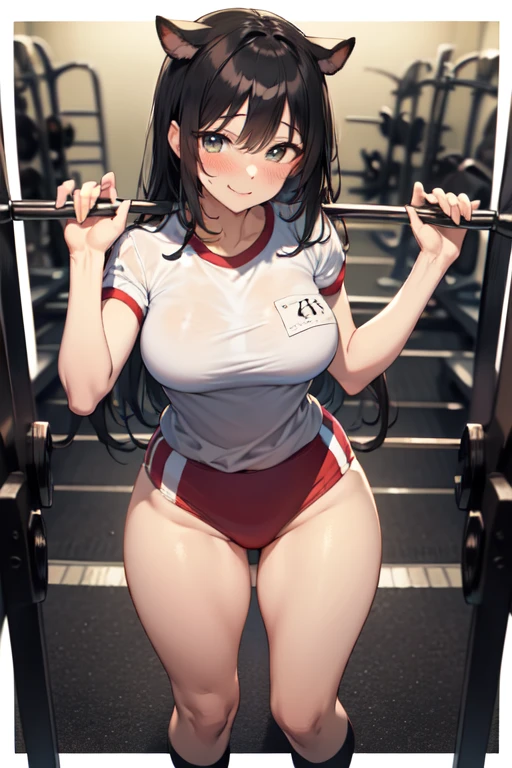 ((Browsing Caution))、Ultra-High resolution、High resolution、Highest quality、beautiful girl、Short black hair、Slim and model-like、whole body、((Gym、trainer))、((training))、((White T-shirt))、(((Squat)))、Big Breasts、(((Sweat)))、(((whole bodySweatでびしょ濡れ、シャツの色がSweatで変わる)))、(((Sweat染み)))、(((Body odor、body odor)))、(((pussy、Love juice、Focus on)))、No underwear、(((Sour smell)))、Nipples become erect、((Climax、Squirting))、White sneakers、White socks、blush、Angle from below