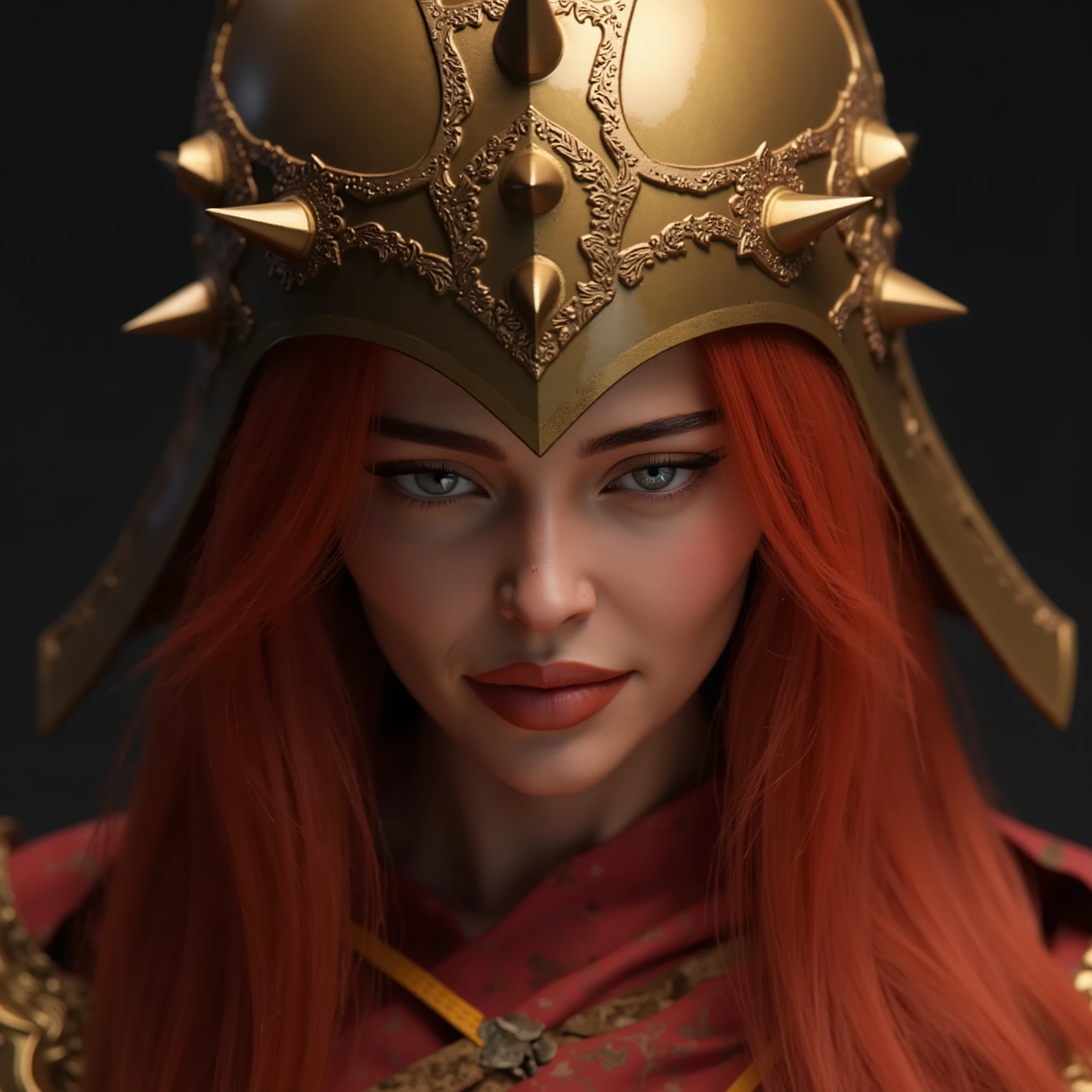 The captivating and illusory image of Malenia Norm, , her martial beauty and unwavering grace are captured in stunning detail. Her skin is pale, almost ethereal tone , marked by faint scars and traces of countless battles . Her long, fiery red hair falls all around her , in stark contrast to her gold helmet and armor , adorned with intricate spike-shaped patterns. she's worth it, dressed in her iconic , torn crimson and gold clothes , fabric and metal tell a story of endless conflict and resilience . Her ghostly , purposeful eyes pierce the stage , radiating strength and sadness at the same time . The high-quality rendering captures every detail of Malenia's mysterious and formidable presence, drawing viewers into the darkness , enchanted world of the Interland , where beauty and brutality coexist in a mesmerizing dance .