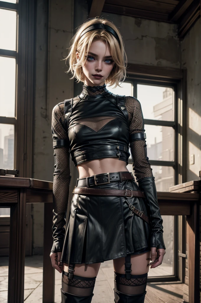 [[full body]] picture of Emily Browning as goth girl, retro style poster, steelpunk, smirk, half blonde, half brunette