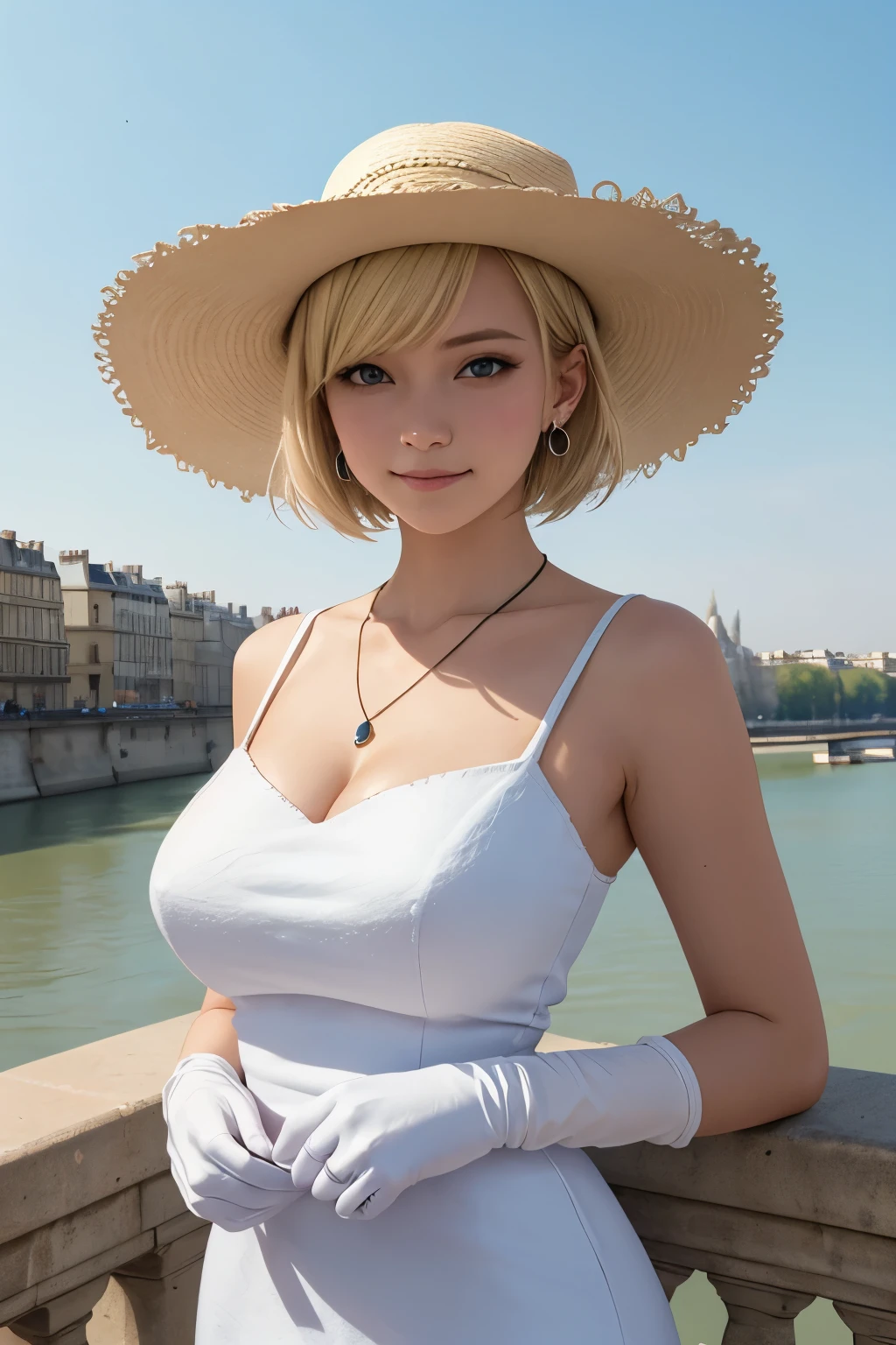 masterpiece, Best Quality, Illustration, Ultra-detailed, finely detail, hight resolution, 8K Wallpaper, Perfect dynamic composition, Beautiful detailed light blue eyes, white narrow dress, earring, black gloves, france, paris, (wide brim felt hat:1.2), river side terrace, necklace, jewelry, 内巻きカールヘアー, (blonde short hair:1.2), bangs, gigantic breasts, sneering, a 18 year old girl, (kawaii:1.3), (Beautie:1.2), looking at camera, sidelong glance, glares, sullenness, Downer, make up, portrait, smile