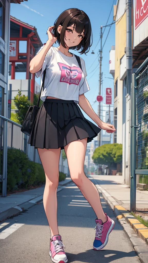 siesta,1girl, short hair, bangs, blue eyes, hair ornament, brown hair, smile, pink shirt, short shirt, short sleeves, short skirt, black skirt , uniform Japanese, full body, shoes, outdoors, cityscape, looking at viewer, lift skirt, show underwear, show from down to up