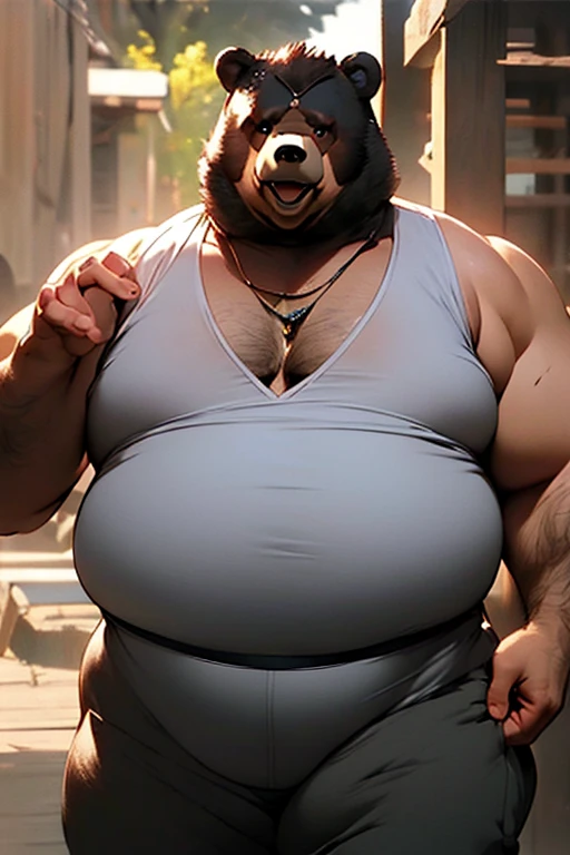 ((Masterpiece)),((Hight quality)),((Hught Detailed)),((Realistic,)) Anime Artistic masterpiece art, Concept anime art, Obese sumo Bears, He is a porn star who creates a weight gain potion, In a scene where you can see that the scientist drink and his body grow and gain weight and thanks to that he begins to dance for his clients in the club.