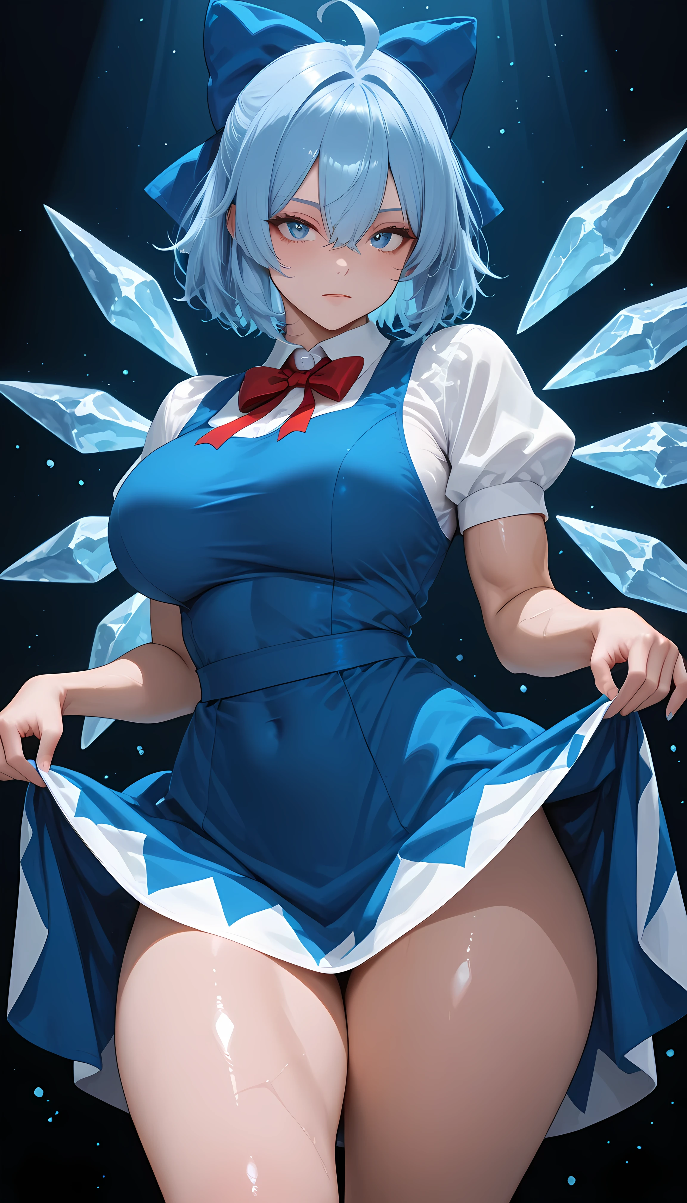 masterpiece, best quality, amazing quality, hyper-detailed, newest, very aesthetic, 1girl, photo posing, , large breasts, large thighs, diffused light, absurdres, highres, hd particles, zzCirno, blue eyes, hair between eyes, ahoge, blue hair, hair bow, short hair, blue dress, puffy short sleeves, white shirt, bow, wings, ice, short sleeves, ice wings, dress, muscle, shiny muscle