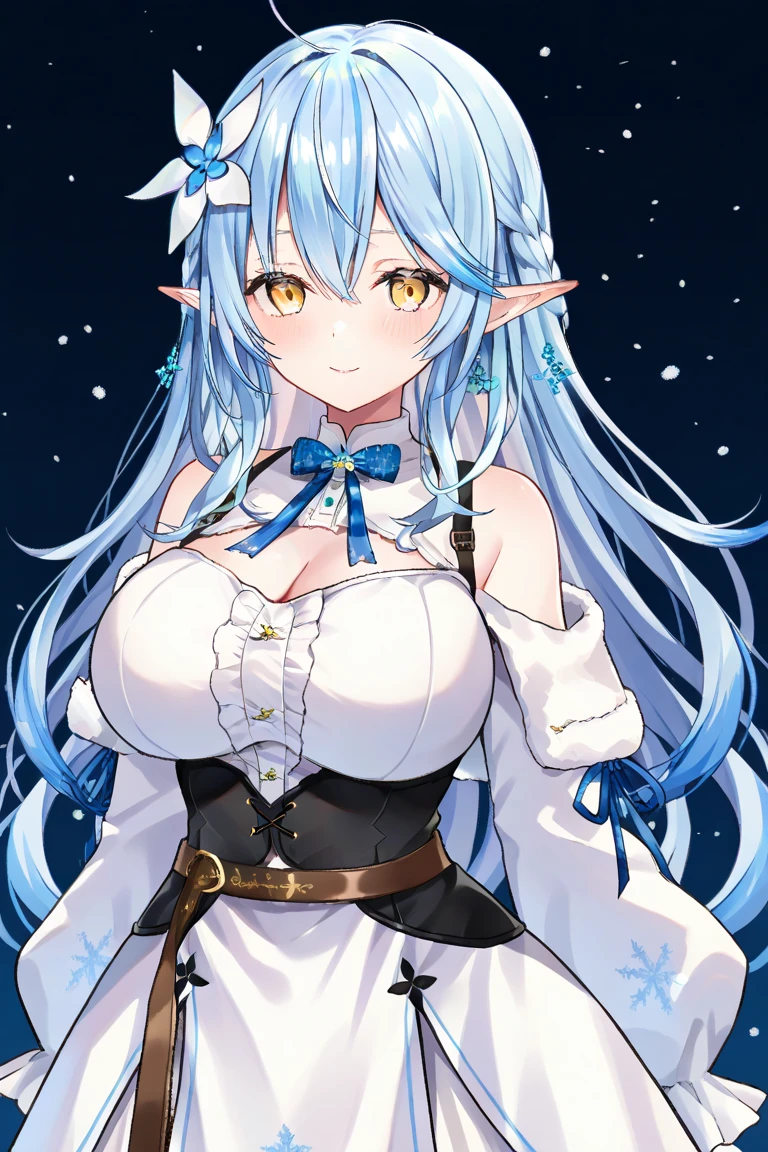 Anime, woman, long hair, pale blue hair, pink eyes, gently, earrings, big boob, wearing a suit, beautiful, elegant, pure, fantasy, ice, snowflake, snow land, cool, noble, elf, stay in thorn room, smiled,