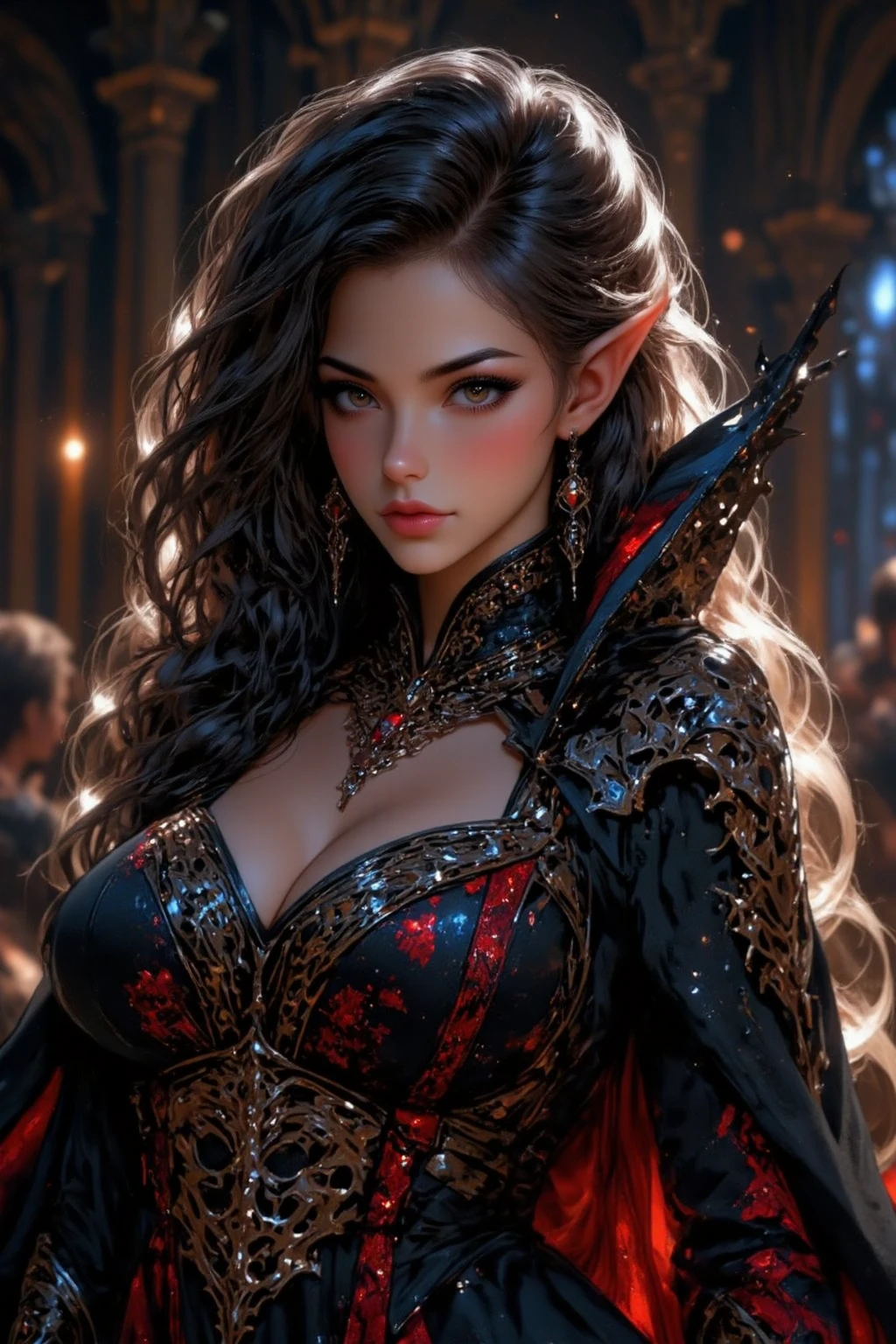 Beautiful painting of a perfect Succubus with a slender figure, large breasts, shapeless long hair, and small horns. Her features are of utmost perfection and beauty, with intricately detailed skin texture that almost appears ethereal, illuminated by deep dark shadows and strong cinematic lighting. The background is an ethereal abstraction, complementing the near-perfect form of this enchanting being.
The Succubus wears an extremely baroque revealing dress, adorned with intricate patterns and bold colors that add an alluring charm to her appearance. Her upper body is displayed boldly in a cowboy shot, with her embrace inviting the view