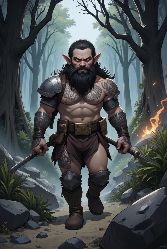 night elf man, world of warcraft style, druid, squatting, wooden dildo in ass, enjoying expression, front angle. Another elf watches him
