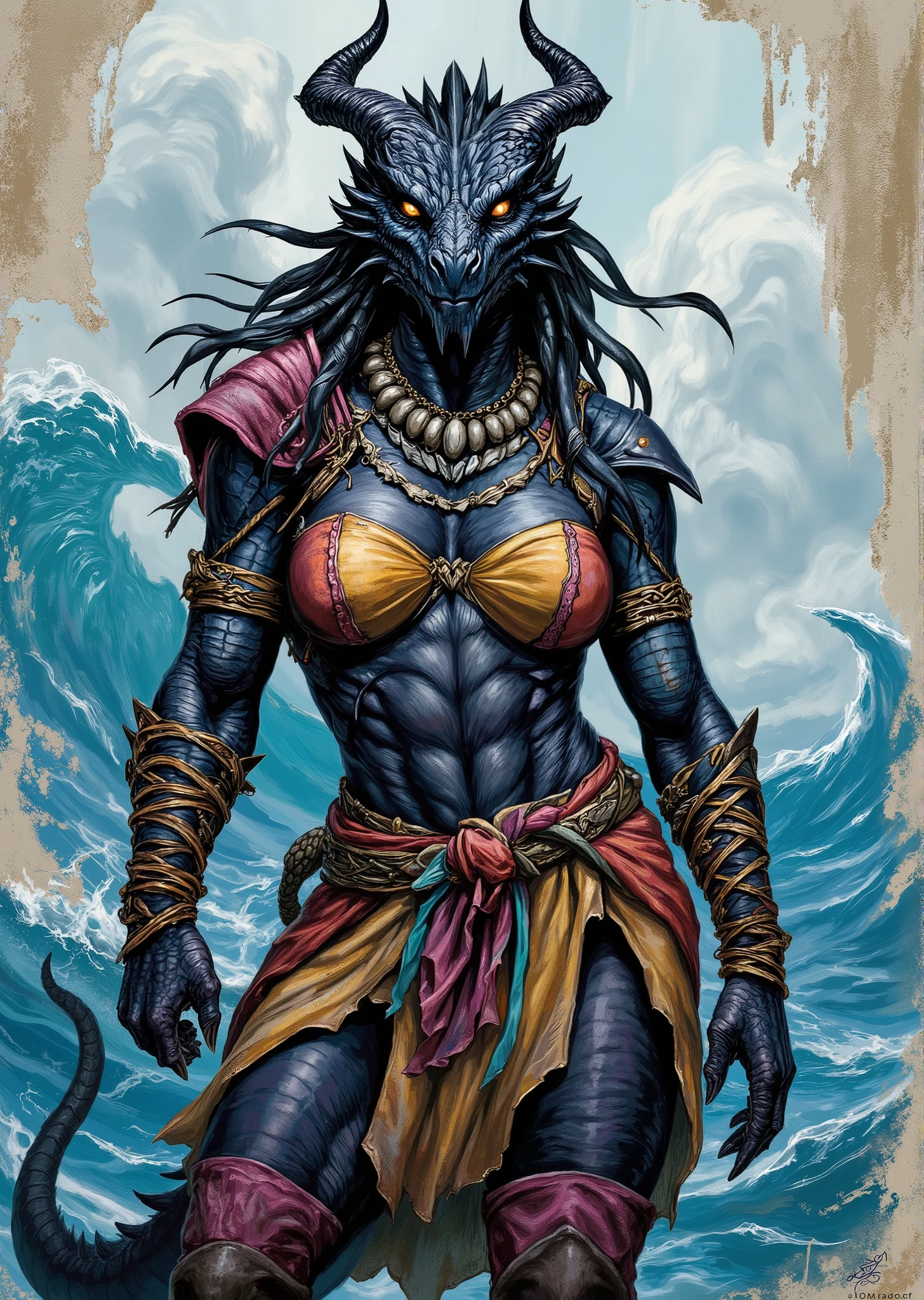 An extremely detailed comic book illustration of an extremely curvaceous Chromatic Black Dragonborn from Dungeons and Dragons which look like wingless bipedal dragons scaly bright-eyed and thick-boned with horns on their heads with a black coloration trained as a Druid of the Circle of the Sea belonging to an ancient order that call on the forces of nature harnessing the magic of animals plants and the four elements to heal transform into animals drawing on the tempestuous forces of oceans and storms as an embodiment of nature's wrath seeking vengeance against those who despoil nature attuned to the ebb and flow of the tides following the rush of currents and waves and listening to the inscrutable whispers and roars of the winds wearing a vibrant mix of colors and textures reflecting a strong connection to water and the natural world with a muscular physique that speaks to her strength and agility wearing a necklace made of shells and beads which adds a touch of tribal elegance her arms are adorned with colorful bands and bracelets made from woven materials complementing her overall aesthetic and enhancing her connection to the sea wearing a pair of loose-fitting shorts that appear to be made from a lightweight fabric allowing for ease of movement decorated with patterns that evoke oceanic themes possibly featuring waves or sea creatures in an art style inspired by Frank Miller and Conan the Barbarian. Overall, the character's outfit combines elements of strength and fluidity, perfectly embodying a warrior or mage connected to the sea. The Background is awash in textured brushstrokes of natural shades inspired by the ocean. Standing in a dynamic action pose. Trending on Art Station.